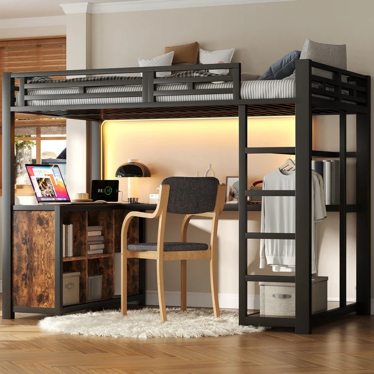 U-life Metall-Hochbett, Etagenbett, Loftbett, 140x200 cm, für Schlafzimmer, Jugendzimmer, kleine Wohnungen, mit integriertem Arbeitsbereich, LED-Beleuchtung, USB-Anschlüssen, viel Stauraum, offenem Kleiderschrank, sicherer Treppe, MDF + Metall, modern,... – Bild 2