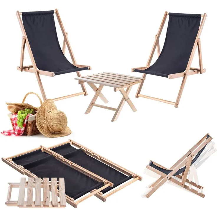 KADAX-Set aus natürlichem Couchtisch für Liegestühle + 2 schwarzen Liegestühlen aus Holz