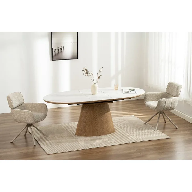 riess-ambiente Esstisch UNIQUE 160-200cm weiß / natur - Keramik, Echtholzfurnier, ausziehbar (Einzelartikel, 1-St), Ovaler Tisch · Eichenholz · Marmor-Design · modern · 8 Personen · edel