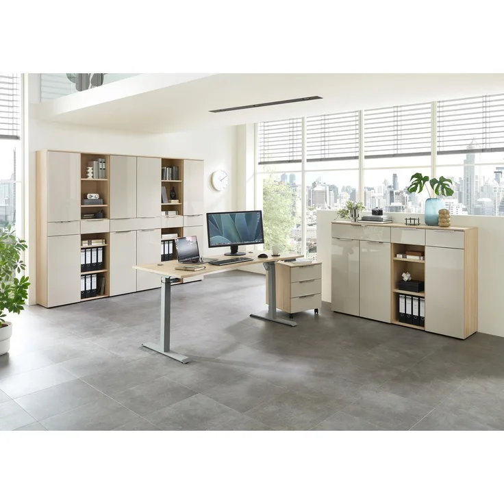 Komplettbüro SANTORIN IV Riva Eiche & Glas Cashmere 10-teilig