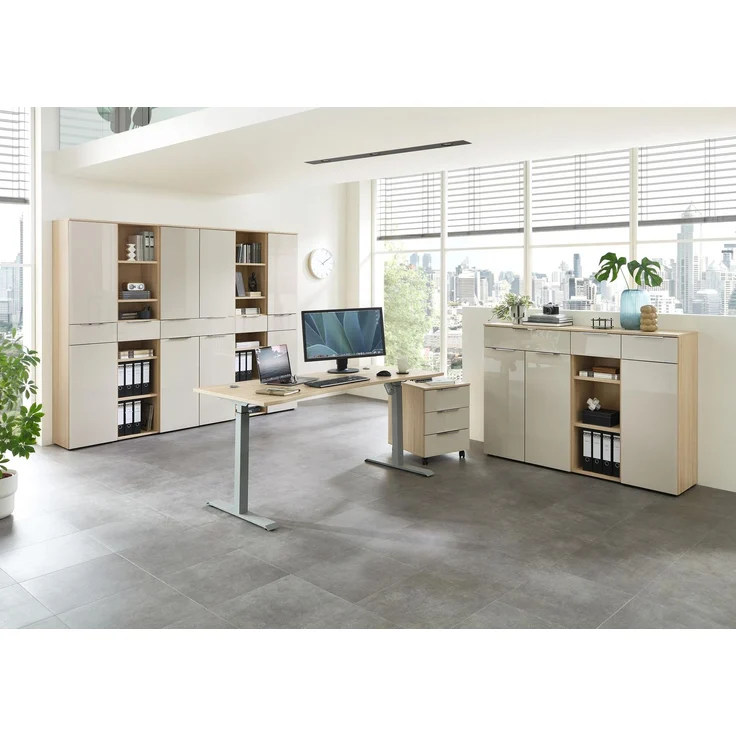 Komplettbüro SANTORIN IV Riva Eiche & Glas Cashmere 10-teilig – Bild 1