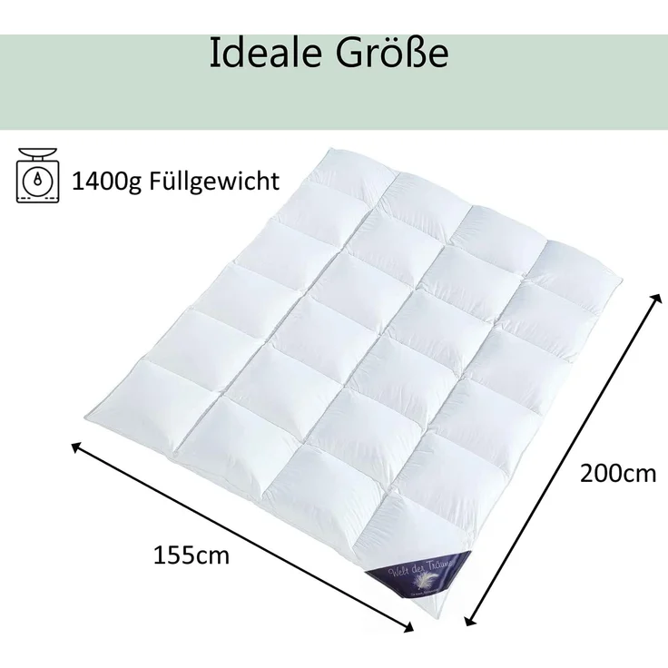 Welt der Träume Daunen Bettdecke, Füllung: 60% Daunen- / 40% Federnanteil, Füllgewicht: 1400 Gramm, Farbe: weiß, Größe: 155x200 cm, Öko-Tex Zertifiziert – Bild 2