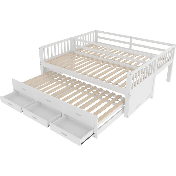 Etagenbett 90x200 cm mit Ausziehbett, 3 Schubladen, Kinderbett aus Kiefernholz und MDF, mit Treppe,Weiß – Bild 10