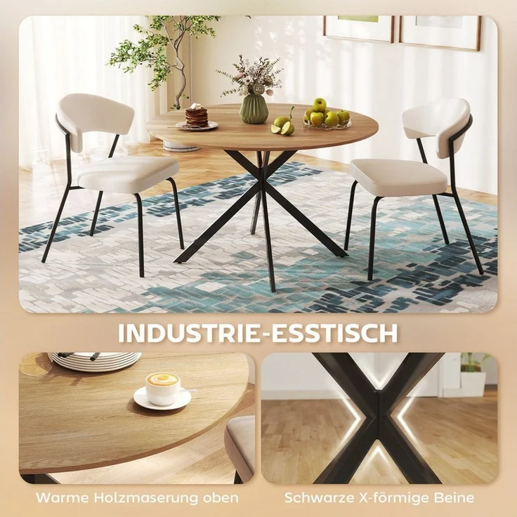 HOMCOM Esstisch Küchentisch im Industriestil mit Stahlbeinen für 4 Personen (für Esszimmer, Küche, Wohnzimmer, 1-St, rund, 120 x 120 x 75 cm), Eiche – Bild 3
