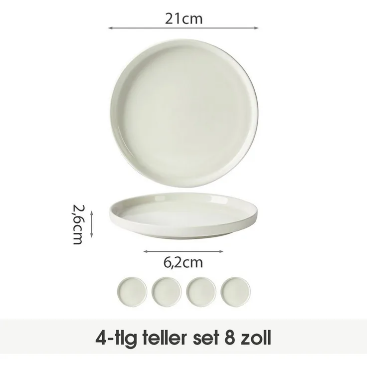 JIWOO Teller 4er Ø21cm,Frühstücksteller Steakteller Pastateller Brotteller Plate, (4 St), Keramik Hochwertiges Tellerset Weiß Mikrowellen spülmaschinenfest