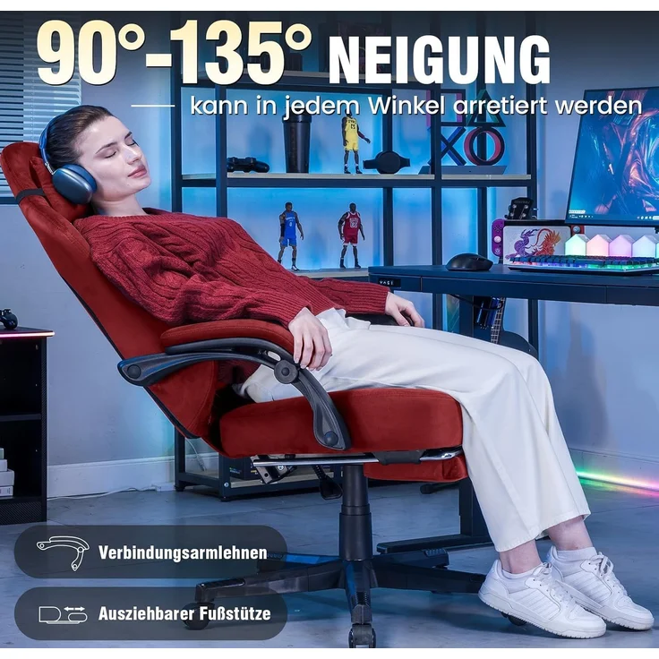 GTPLAYER Gaming Stuhl Stoff Gaming Chair Ergonomisch Bürostuh PC Stuhl, 150kg Belastbarkeit, Verstellbarer und Drehbarer Schreibtischstuh mit Federsitzkissen und Fußstütze, Rot – Bild 3