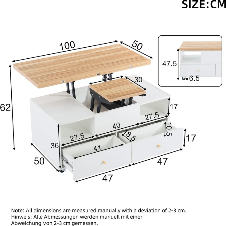 Höhenverstellbarer Couchtisch aus MDF mit 4 Schubladen, Klappfunktion & Rollen, 100x50x47,5-62 cm, Naturholz/Weiß – Bild 9