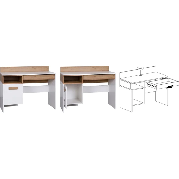 Marmex Möbel Grant Set-A Jugendzimmer Komplett-Set 4-teilig mit Kleiderschrank, Schreibtisch, Wandregal, geschlossenes Regal, Kinderzimmermöbel mit Schreibtisch, laminierte Spanplatte, Kleiderstange, weiß+riviera Eiche, 250x195x55 cm – Bild 4
