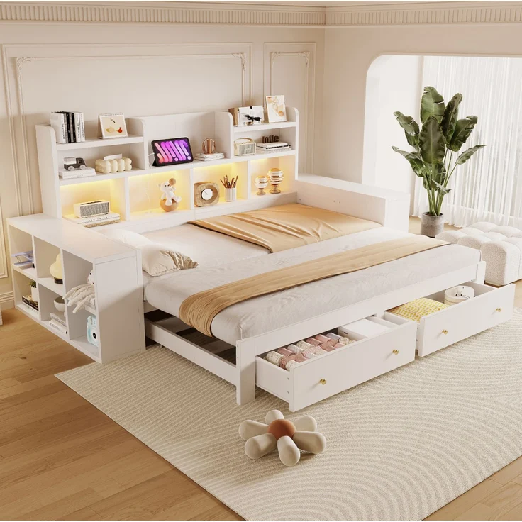 CHICFURN Bett aus MDF in Weiß 90/180x200 cm mit Stauraum, Steckdosen und LED-Beleuchtung – Bild 1