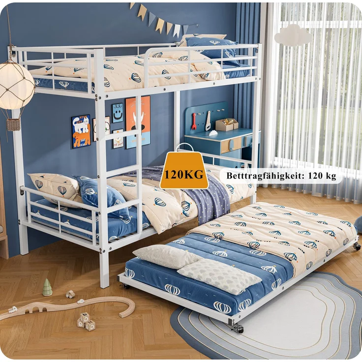 Bett 90x200/90x190 cm Etagenbett mit Ausziehbett, Weiß, Metall – platzsparend und EN-747-zertifiziert – Bild 5