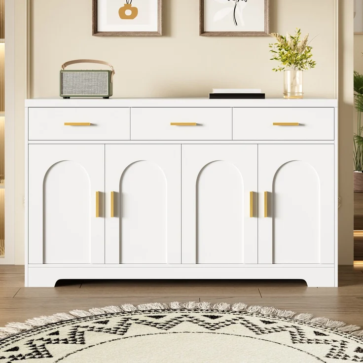 Merax Wohnzimmerschrank, Weiß Sideboard mit vier bogenförmigen Türen, 3 Schubladen, höhenverstellbare Einlegeböden, Korpus aus MDF, goldene Metallgriffe – Bild 5