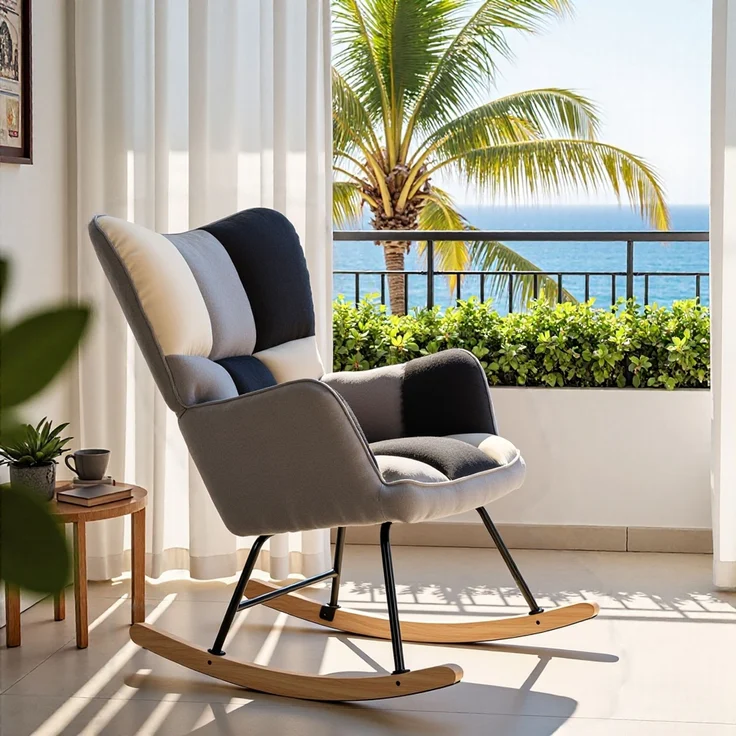 HOME NATURE WOHNKONZEPT Schaukelstuhl, gepolsterter Relaxsessel mit hoher Rückenlehne, Armlehnen und rutschfesten Füßen, für Wohnzimmer und Schlafzimmer, 71 × 49 × 98,5 cm, Schwarz-Weiß-Grau – Bild 4