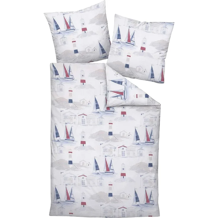 Janine Soft-Seersucker Bettwäsche 155x220 Leuchtturm Segelboot blau rot 20100-01