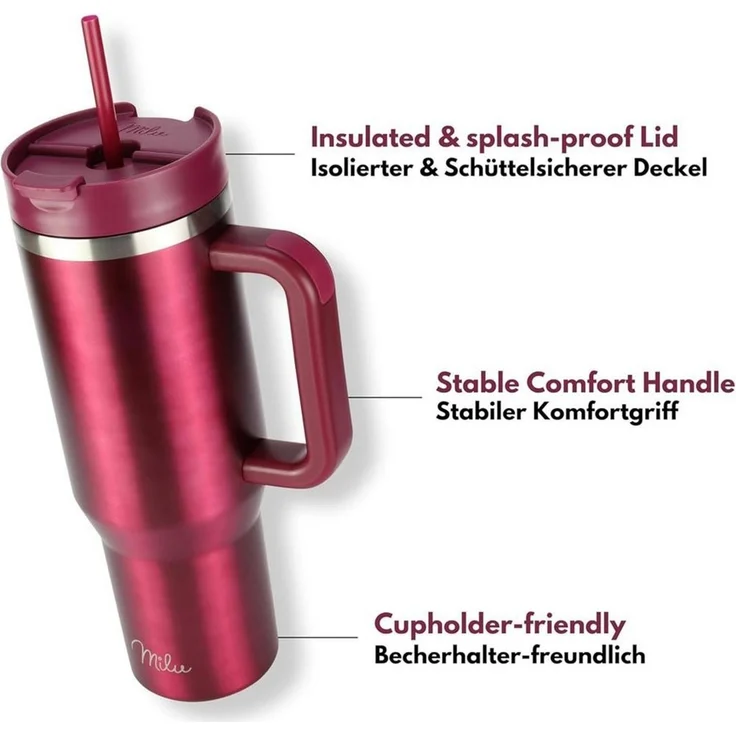 Milu Thermobecher Edelstahl Tumbler To Go 1200 ml, mit Strohhalm und Henkel – Bild 4