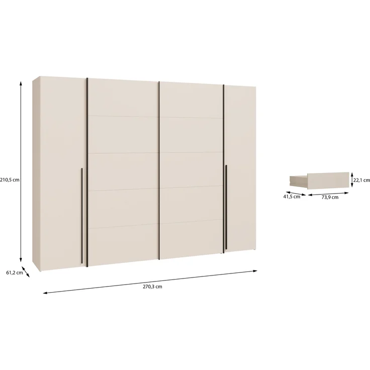 Dreh-/Schwebetürenschrank >NARAGO< 2 Innenschübe, sandfarbig - 270,3x210,5x61,2cm (BxHxT) – Bild 6