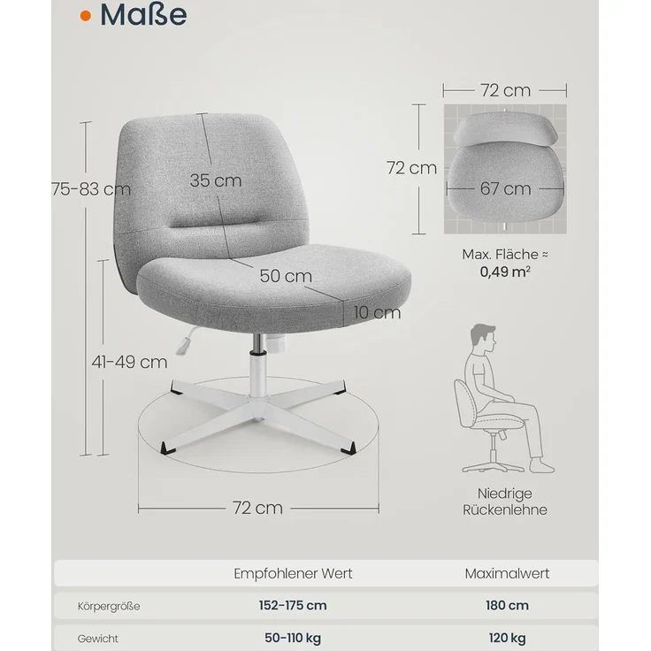 SONGMICS HOME Schneidersitz Stuhl, Schminkstuhl, Drehstuhl ohne Armlehnen, Schreibtischstuhl, breite Sitzfläche, modern, mit Kreuzfuß, höhenverstellbar, Wippfunktion, Taubengrau OBG046G01 – Bild 2