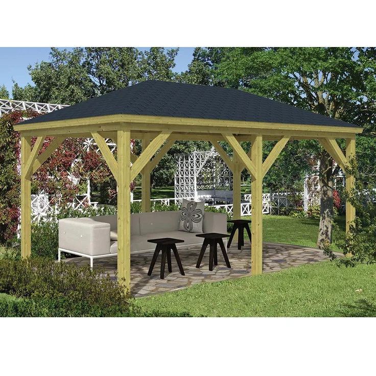 Woodtex Pavillon Grande 490×290 cm, stabiler 4-Eck Pavillon aus kesseldruckimprägniertem Kiefernholz mit einfachem Aufbau und Walmdach