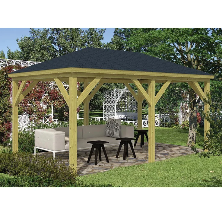Woodtex Pavillon Grande 490×290 cm, stabiler 4-Eck Pavillon aus kesseldruckimprägniertem Kiefernholz mit einfachem Aufbau und Walmdach