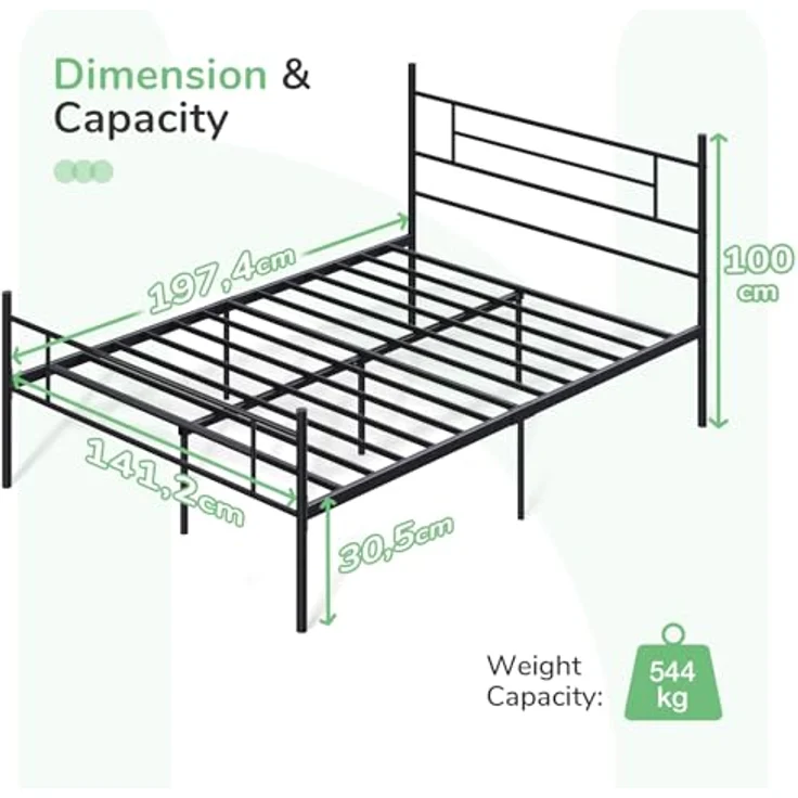 Novilla Bettrahmen 140x190 cm, Bettgestell mit Lattenrost, Modern Bettgestelle, Metallbett mit Kopfteil für Schlafzimmer ästezimmer, Schwarz – Bild 3
