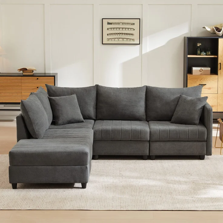 Big-Sofa mit Rückenkissen, Zierkissen, loser Rückenkissen und Zierkissen, 5-Sitzer Sofa, Leinen Bezug – Bild 2