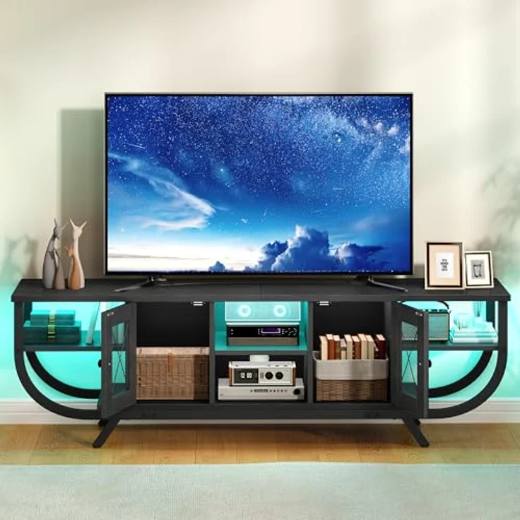 YITAHOME Industrielles TV-Schrank, TV Lowboard für Fernseher bis zu 55 Zoll mit LED-Beleuchtung,Wohnzimmer Fernsehschrank TV Board mit Offenen Stauraum (Schwarz, 140CM) – Bild 6