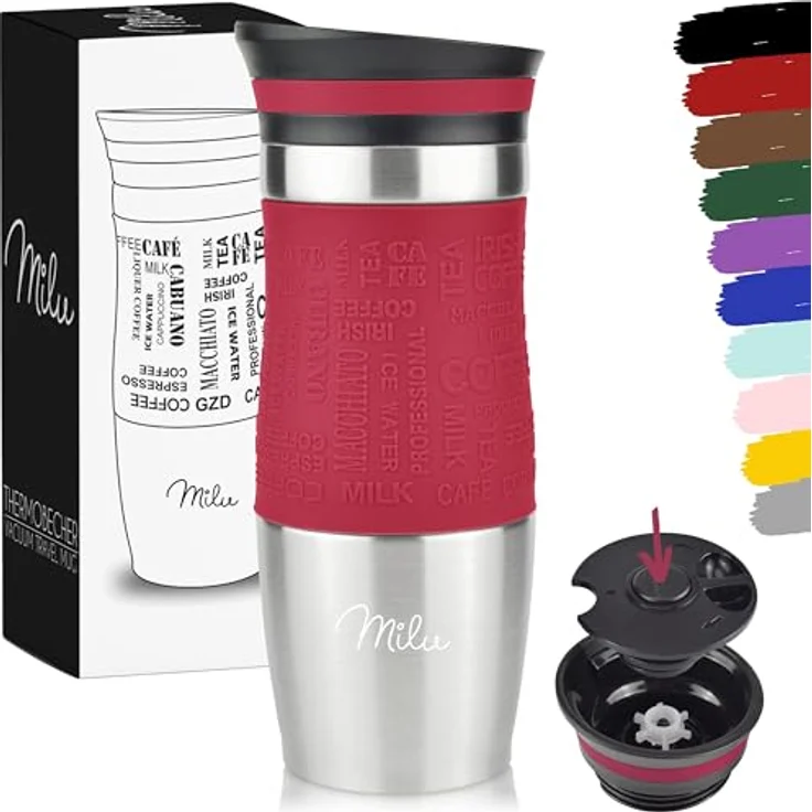Milu Thermobecher Isolierbecher Kaffeebecher to go - 370ml - 100% Auslaufsicher - Trinkbecher aus Edelstahl - Autobecher doppelwand Isolierung - Thermo Becher - Travel Mug - (Rot, 370ml) – Bild 2