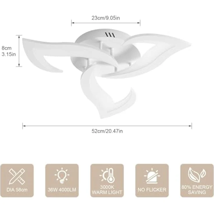 Comely Deckenlampe LED Wohnzimmer, 58cm 36W LED Lampen Deckenleuchte, Moderne Blütenblatt Design Lampen für Wohnzimmer Küche Schlafzimmer Esszimmer, 3000K Warmweißes Licht, Weiß – Bild 4