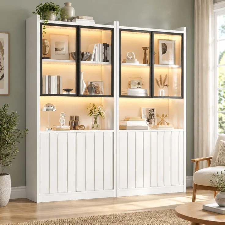 Vitrinen-Set 160x35x200 cm, 2 Hochschränke mit Glas, LED und Stauraum