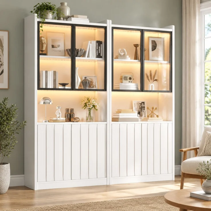 Vitrinen-Set 160x35x200 cm, 2 Hochschränke mit Glas, LED und Stauraum – Bild 1