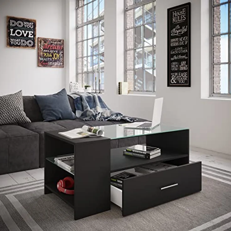 MID.YOU Couchtisch Schwarz, Glas-Holzwerkstoff, 1 Schublade, 100x45x50 cm mit Stauraum – Bild 2