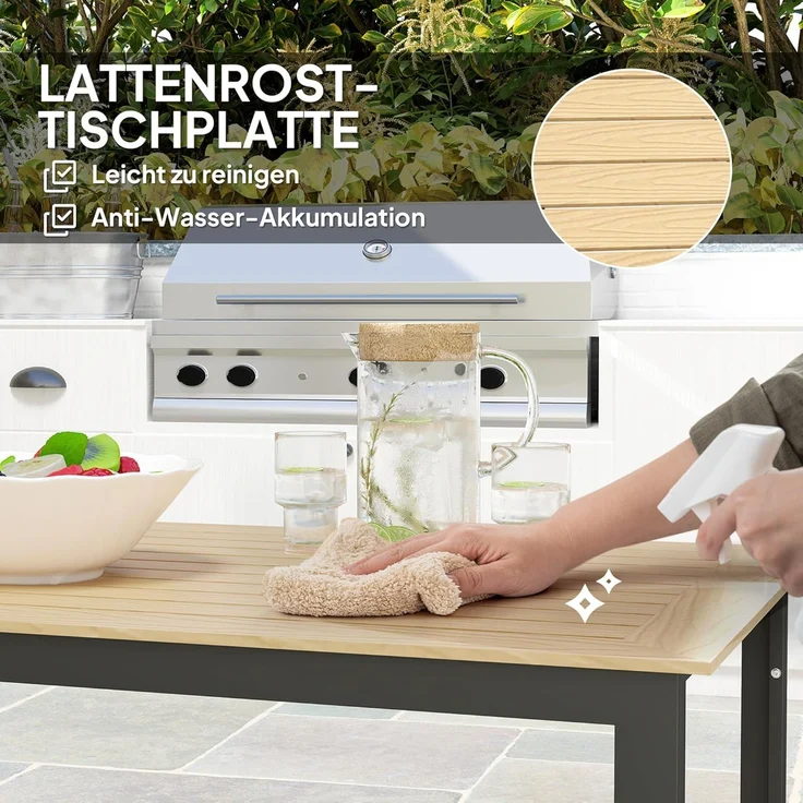 Outsunny Gartentisch mit Holzoptik, Lamellendesign, für 6 Personen (Buffettisch aus Metall, 1-St, wetterfest Balkontisch), 175x78 cm, für Garten, Terrasse Balkon Schwarz – Bild 5