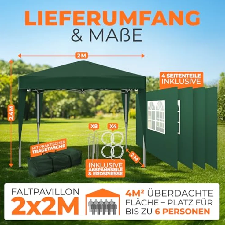 Kronenburg Faltpavillon wasserdicht Dachmaß 2x2 m UV Schutz 50+ Pavillon in Grün mit 4 Seitenteilen – Bild 3