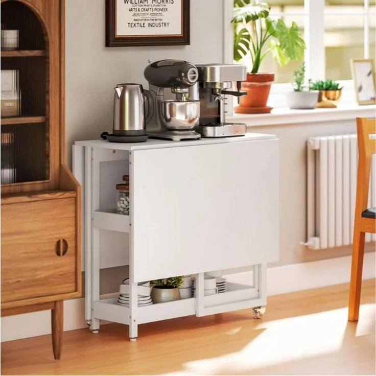 BBWL Klapptisch Klappbarer Esstisch Weiß 133×80 cm mit 2 Ablagen und Rollen (Platzsparender Küchentisch für 2–4 Personen aus Spanplatte für kleine Räume) – Bild 2