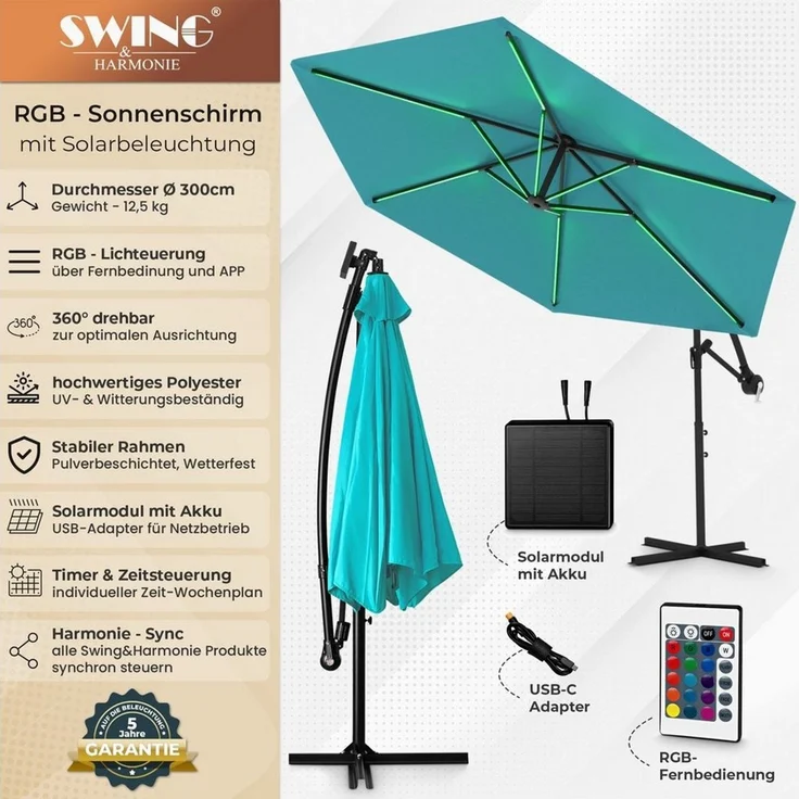 Swing&Harmonie Sonnenschirm mit RGB Beleuchtung LED Ampelschirm Garten Schirm, 300 / 350 cm inkl. Fernbedienung, APP Steuerung – Bild 1