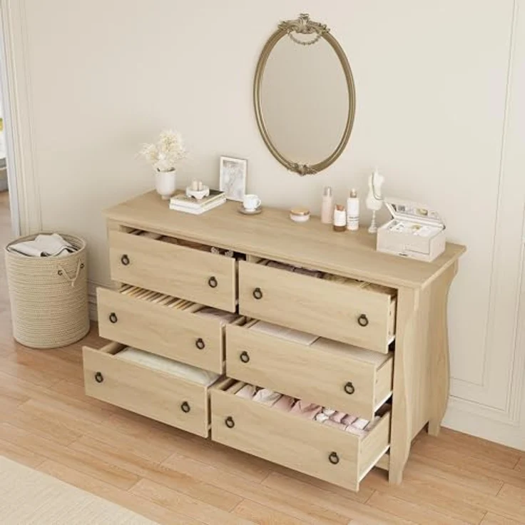 GarveeHome Kommode Für Das Schlafzimmer, Moderne Schubladenschrank Holz Mit 7 Schubladen Und Schwarzen Ringgriffen, Weißer Aufbewahrungskasten Für Wohnzimmer Und Flur, 137 x 40 x 76 cm – Bild 4