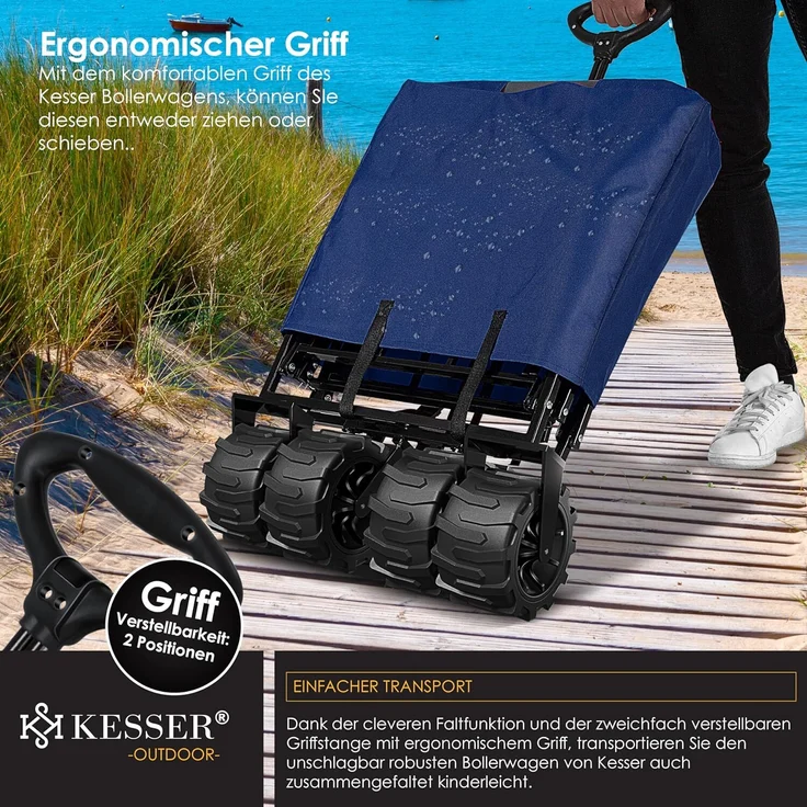 KESSER® Bollerwagen faltbar mit Breite Reifen Handwagen Transportkarre Gerätewagen | inkl. 2 Netztaschen | klappbar | Kunststoff-Reifen | bis 150 kg Tragkraft transportwagen Gartenanhänger Blau/Grau – Bild 5