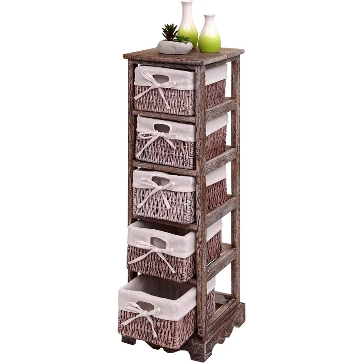 Regal Kommode mit 5 Korbschubladen 90x25x28cm, Shabby-Look, Vintage ~ braun