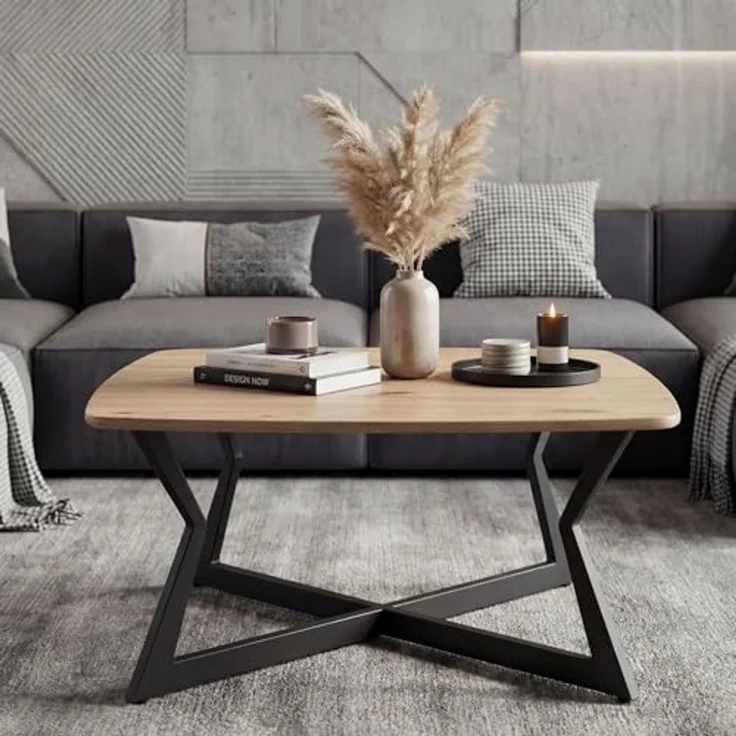 Couchtisch Quadratisch 75x75 cm Eiche Optik Schwarz - Design Sofatisch - Wohnzimmertisch Loungetisch Modern - Beistelltisch Kaffeetisch Industrial – Bild 2
