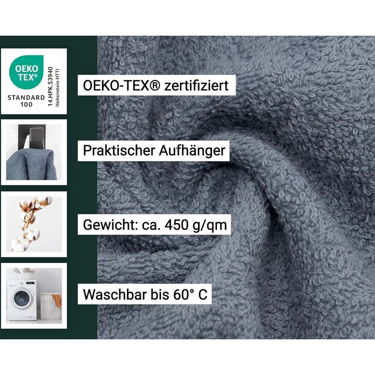 ZOLLNER 5er Set Duschtücher, 70x140 cm, 100% Baumwolle, grau – Bild 3