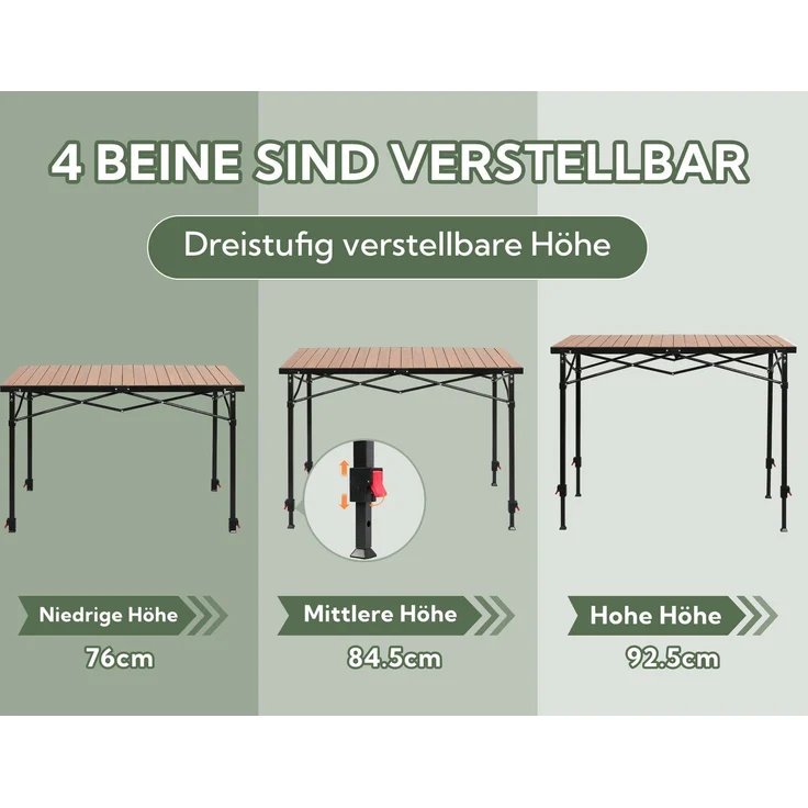 HOMECALL Klapptisch Campingtisch Höhenverstellbar Klappbar Balkontisch Gartentisch Tragbar (Höhenverstellbares Bein(76/84,5/92,5 cm),Aluminum Roll Up Tabletop bis 100kg), für 4-6 Personen,für Camping, Outdoor, Garten – Bild 2