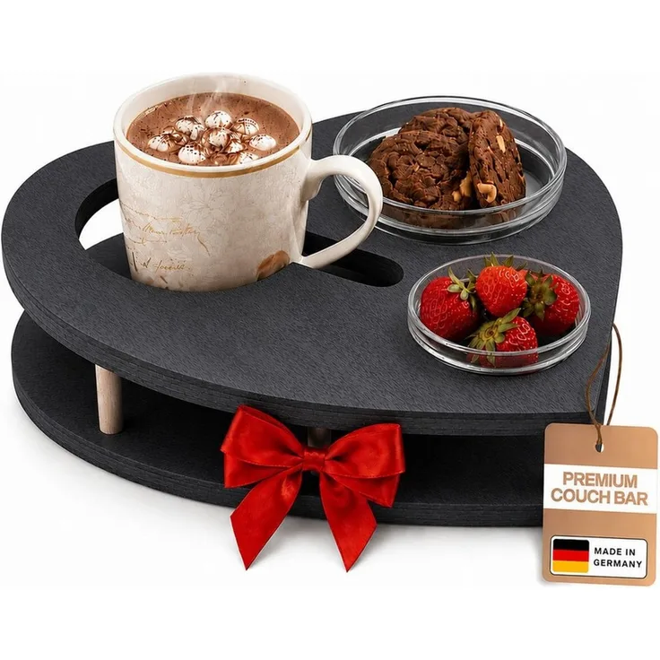 PEGSEN Servierplatte Couchbar Herz aus Holz mit Getränkehalter & 2 Snackschalen, Birkenholz, (Geschenkset, 3-tlg, lebensmittelechte Glasschalen, Snackbox, Sofa Tablett), alles steht stabil & sicher, perfekte Geschenkidee