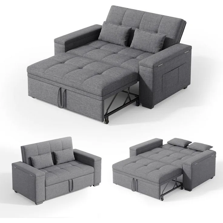 Blishom Schlafsofa 2-Sitzer-Sofabett mit verstellbarer Rückenlehne, Ausziehbares mit Kissen und Seitentasche Armlehne mit Staufach