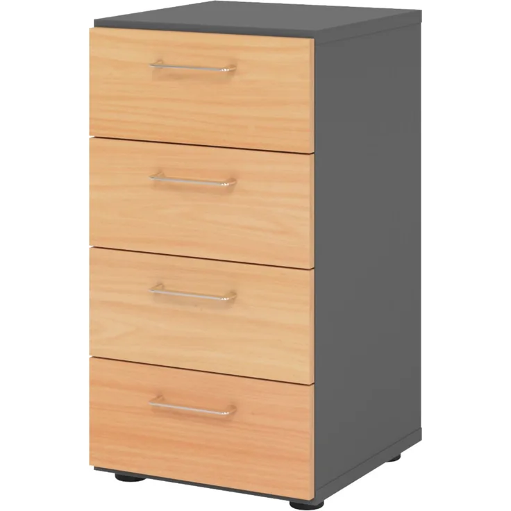bümö smart Schubladenschrank, Büroschrank in Graphit/Buche mit 4 Schüben - Bürocontainer aus Holz, Container mit Metallgriffen & Soft-Stop Schubladen, 924S4-G-6-BS