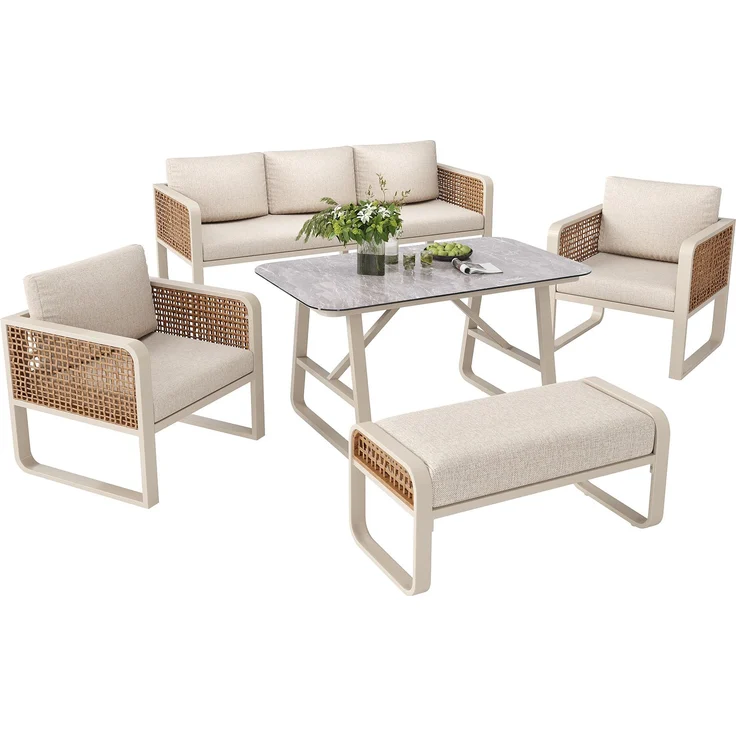 Merax Gartenlounge-Set für 6-7 Personen, PE-Rattan Sitzgruppe inkl. Beistelltisch, Gartensofa mit waschbaren Kissen, Beige – Bild 10