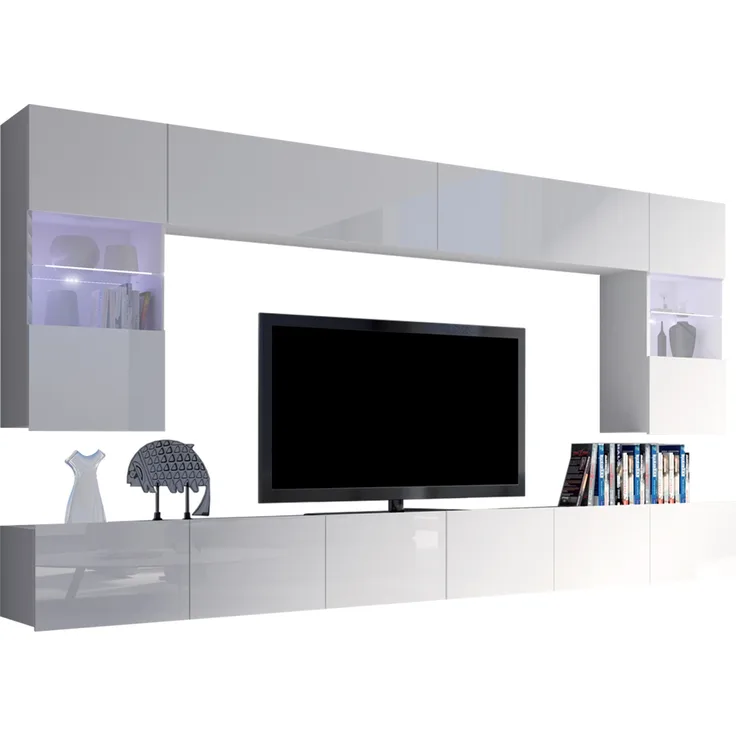 Wohnwand Calabrini I, Farbe: Weiß / Weiß Hochglanz