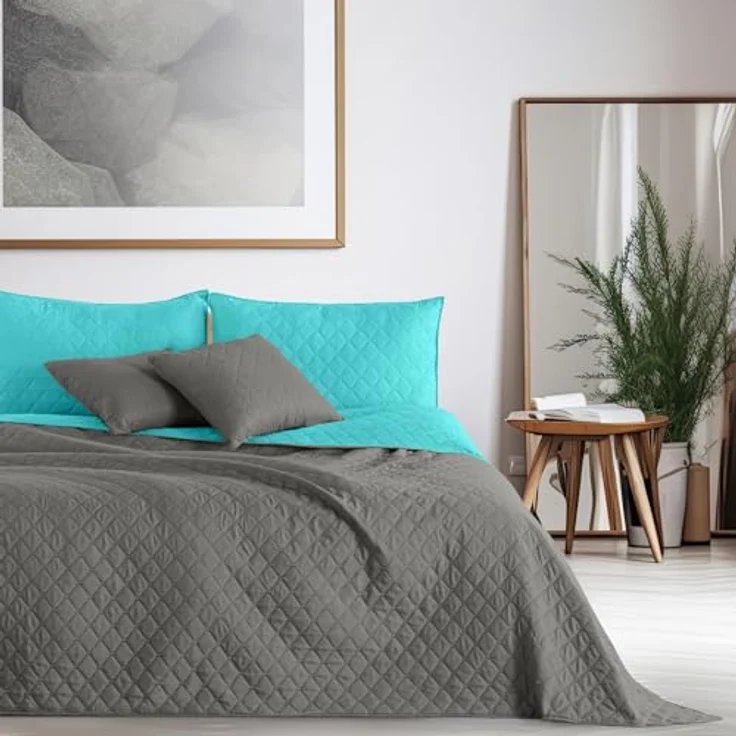 DecoKing Tagesdecke Bettüberwurf mit Uni Wendedesign leichte Allzweckdecke Wohndecke, Wendedesign, Zweifarbig, Steppung – Bild 3
