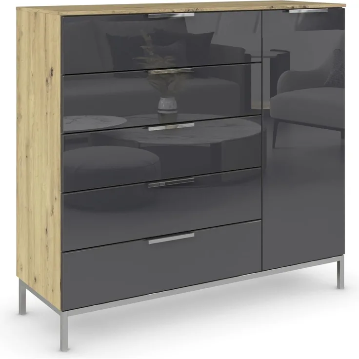 Rauch Möbel Flipp, Nachttisch für Schlafzimmer, Garderobe, 1-türig, 5 Schubladen, mit Softclose-Funktion, Griffe und Metallkufe Chrom, Farbe Eiche Artisan, Holz/Glas Basalt, Schwarz, Breite 120 cm