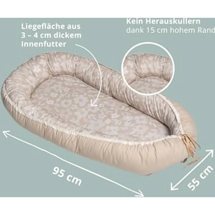 ULLENBOOM Babynest – OEKO-TEX Materialien, Made in EU – Babynestchen Neugeborene, Kuschelnest Baby, tragbares Reisebett, gepolstert & waschbar (55x95 cm) – Bild 2