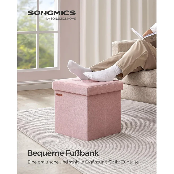 Songmics 38 cm Sitzbank mit Stauraum, klappbare Sitztruhe, Aufbewahrungsbox, Fußbank, pastellrosa LSF027R01 – Bild 3