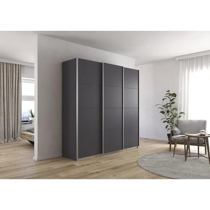 Rauch Möbel Kulmbach, Kleiderschrank mit Schwebetüren für Schlafzimmer, Kinderzimmer, Jugendzimmer, Garderobe, Flur, 3-türig, Zubehör Classic, Farbe Grau metallic, Schwarz, Breite 203 cm – Bild 2